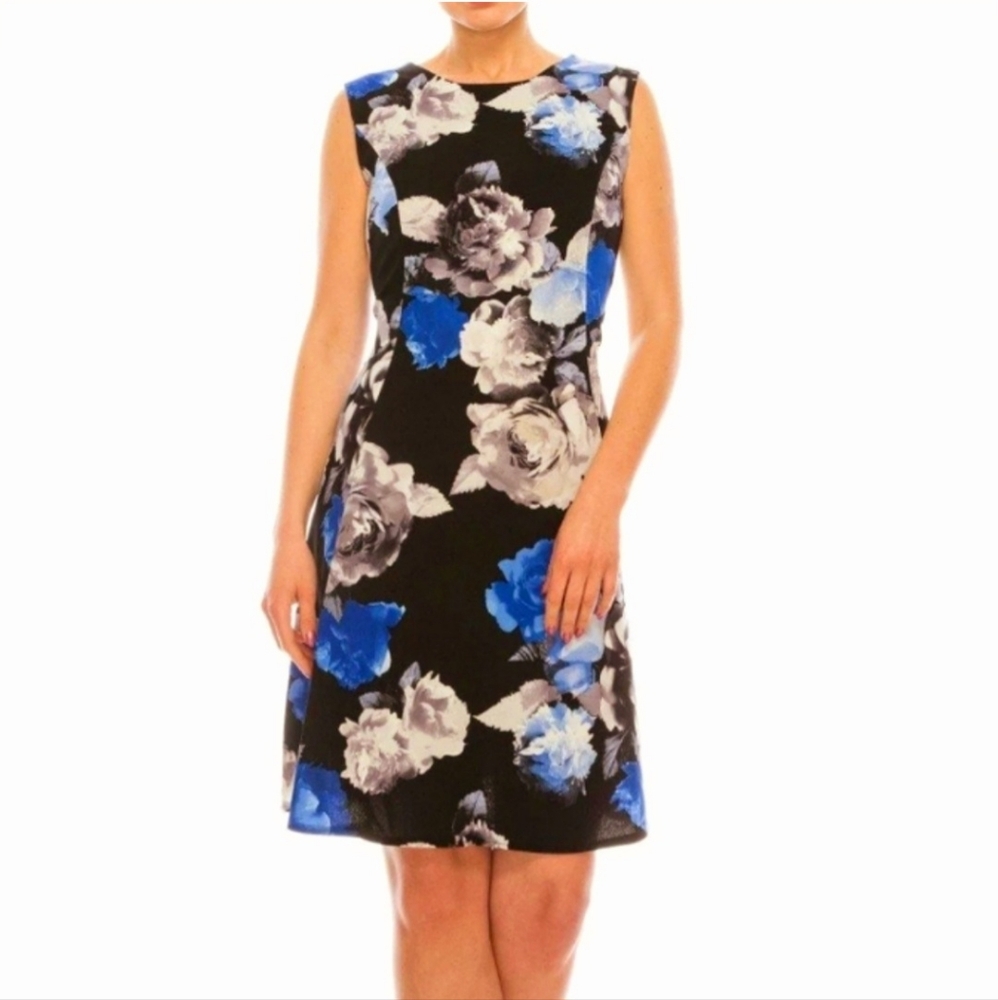 Studio One Cobalt Black & Ivory Floral Print Mini Dress